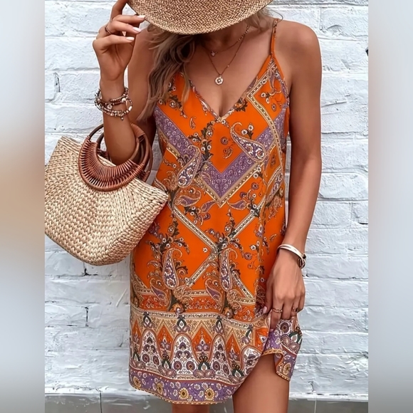🆕️ Paisley Print Cami Dress, Boho V Neck Sleeveless Dress - Picture 2 of 7